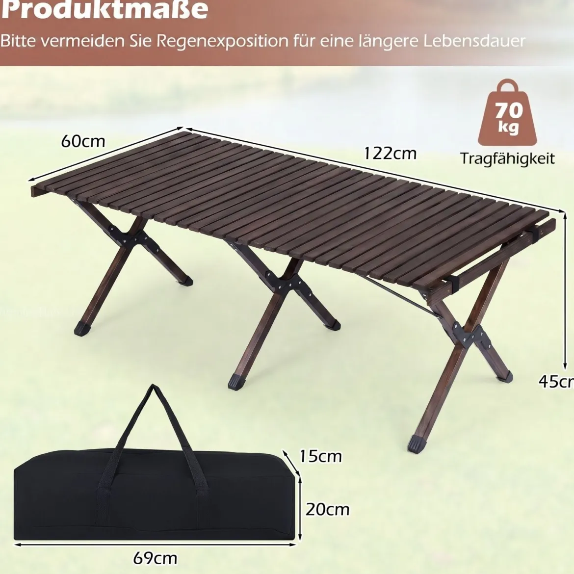 Campingtisch Klappbar Picknicktisch aus Holz mit Aufrollbarer Tischplatte Tragbarer Klapptisch Kaffee/Natur