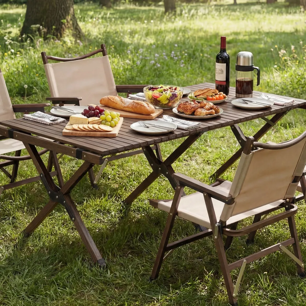 Campingtisch Klappbar Picknicktisch aus Holz mit Aufrollbarer Tischplatte Tragbarer Klapptisch Kaffee/Natur