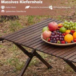 Campingtisch Klappbar Picknicktisch aus Holz mit Aufrollbarer Tischplatte Tragbarer Klapptisch Kaffee/Natur