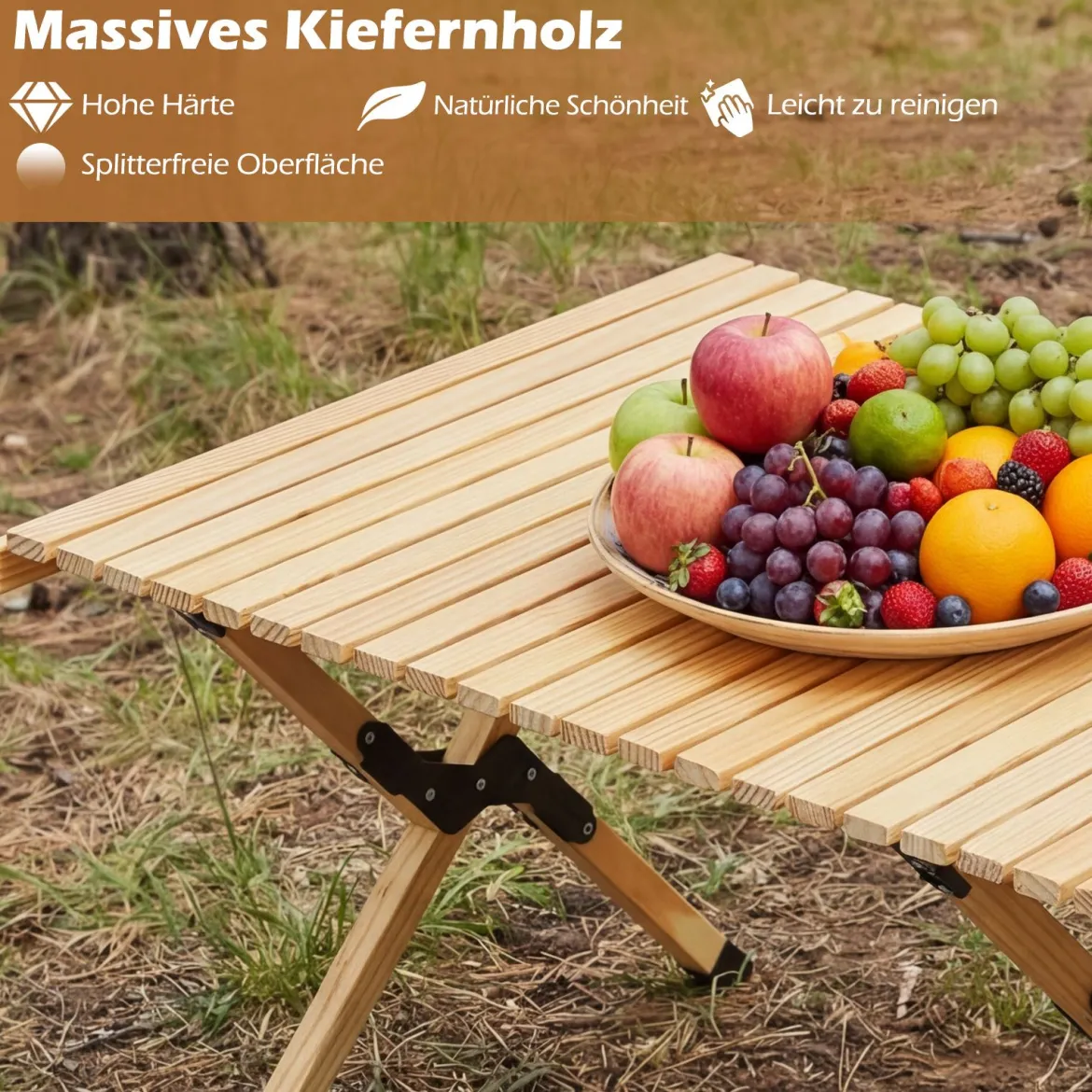 Campingtisch Klappbar Picknicktisch aus Holz mit Aufrollbarer Tischplatte Tragbarer Klapptisch Kaffee/Natur