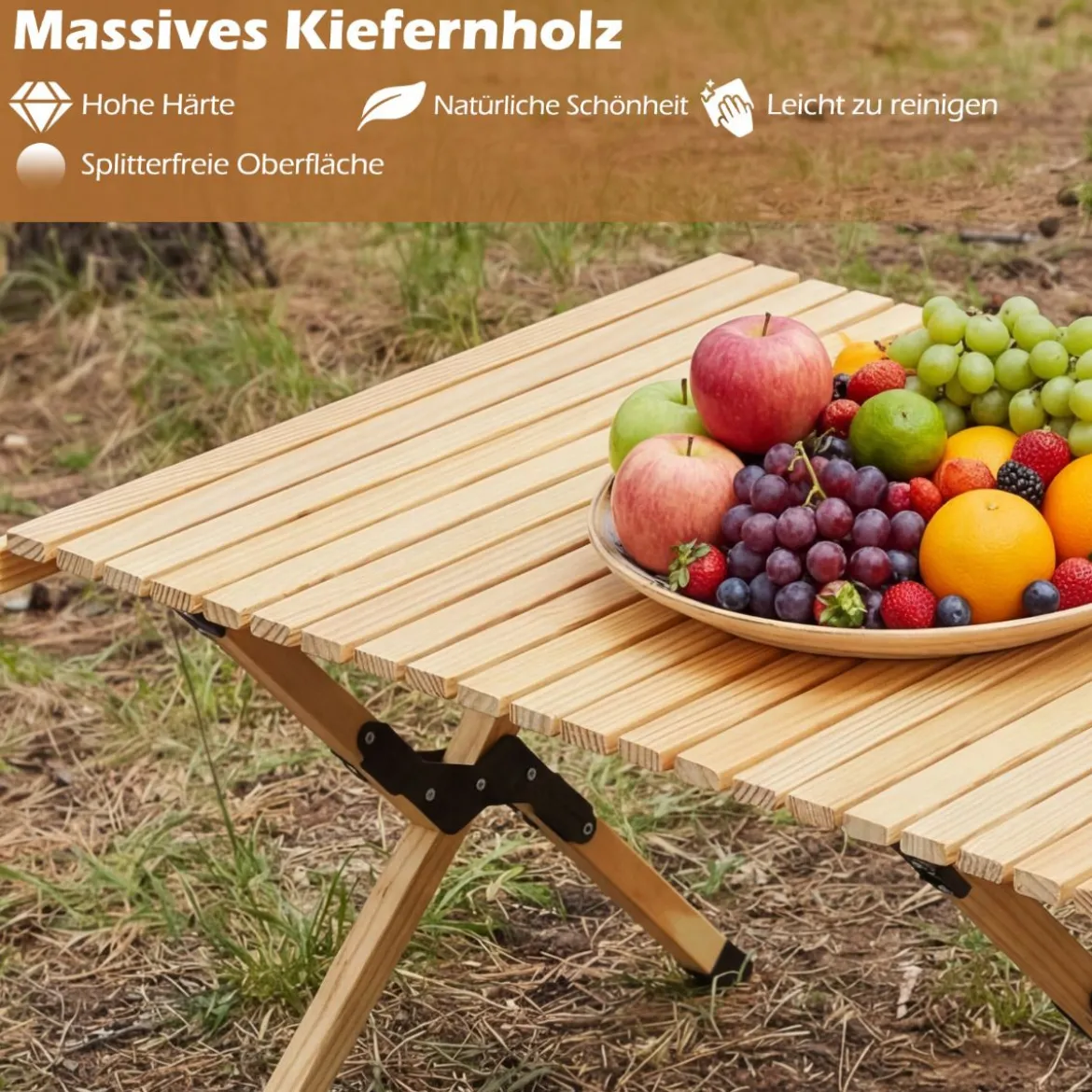 Campingtisch Klappbar Picknicktisch aus Holz mit Aufrollbarer Tischplatte Tragbarer Klapptisch Kaffee/Natur