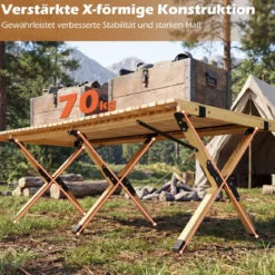 Campingtisch Klappbar Picknicktisch aus Holz mit Aufrollbarer Tischplatte Tragbarer Klapptisch Kaffee/Natur