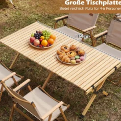 Campingtisch Klappbar Picknicktisch aus Holz mit Aufrollbarer Tischplatte Tragbarer Klapptisch Kaffee/Natur