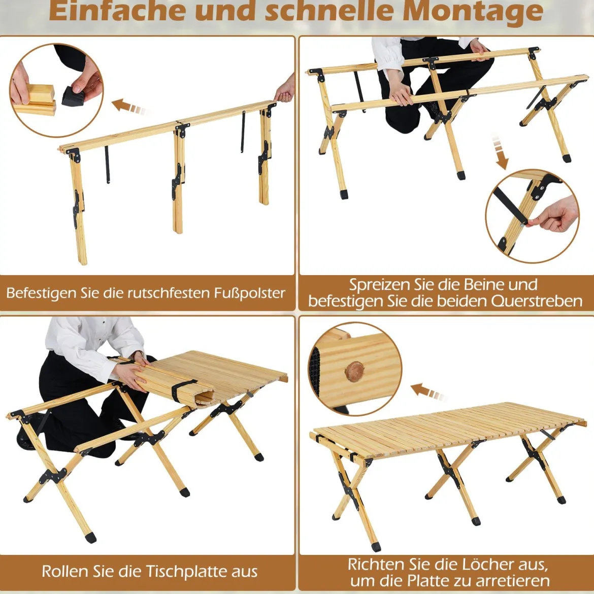 Campingtisch Klappbar Picknicktisch aus Holz mit Aufrollbarer Tischplatte Tragbarer Klapptisch Kaffee/Natur