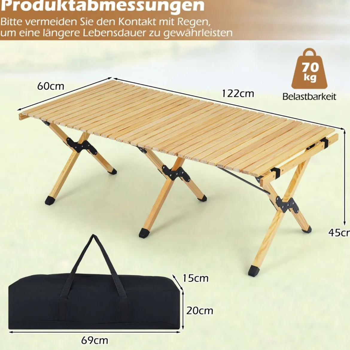 Campingtisch Klappbar Picknicktisch aus Holz mit Aufrollbarer Tischplatte Tragbarer Klapptisch Kaffee/Natur