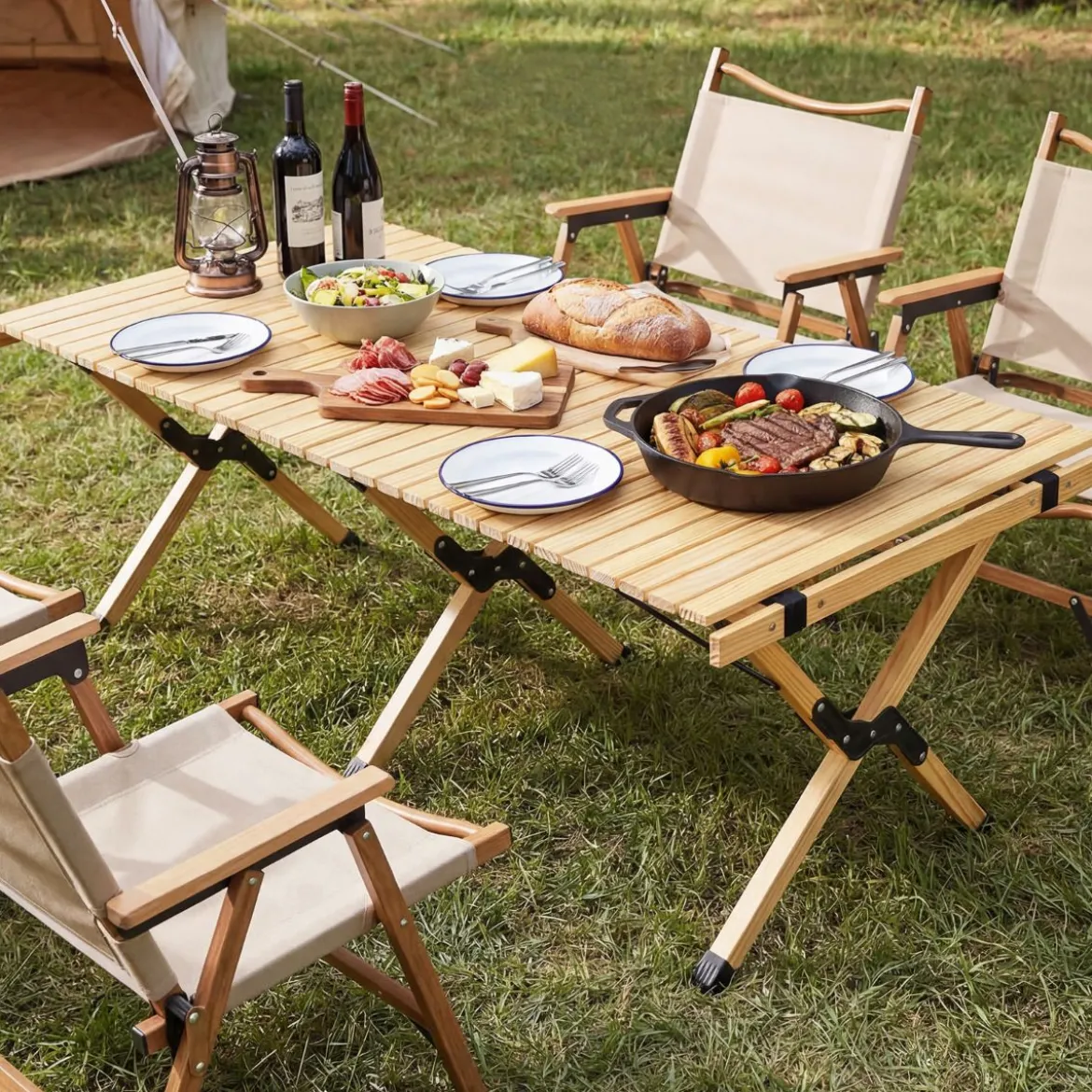 Campingtisch Klappbar Picknicktisch aus Holz mit Aufrollbarer Tischplatte Tragbarer Klapptisch Kaffee/Natur
