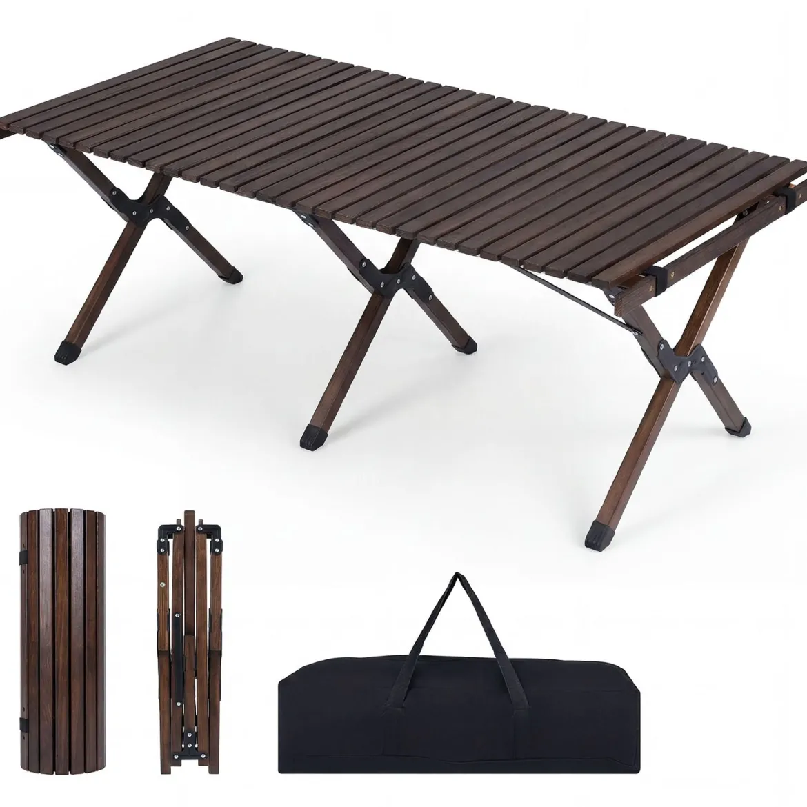 Campingtisch Klappbar Picknicktisch aus Holz mit Aufrollbarer Tischplatte Tragbarer Klapptisch Kaffee/Natur