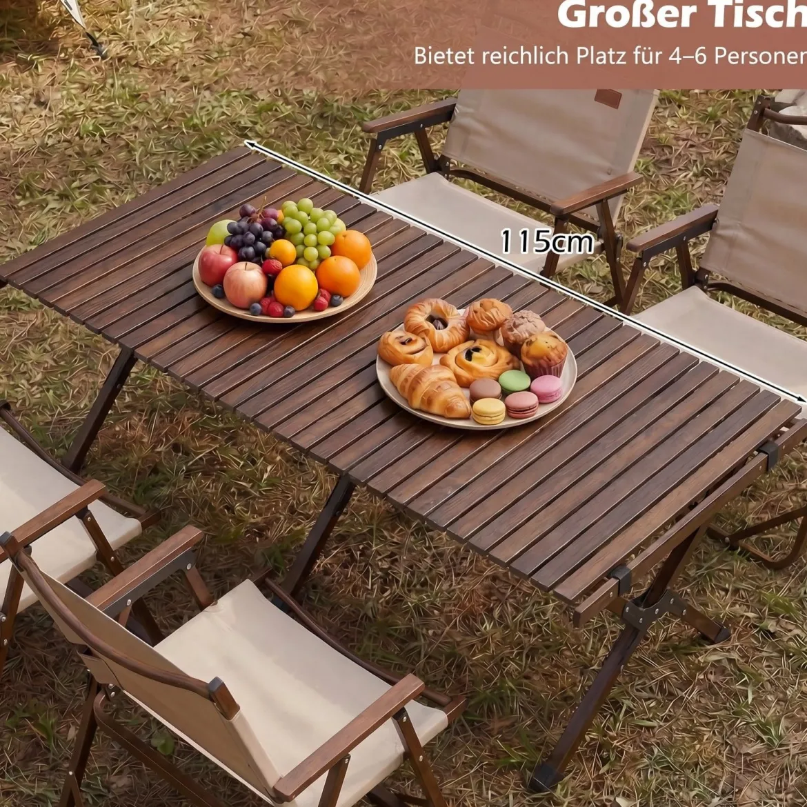 Campingtisch Klappbar Picknicktisch aus Holz mit Aufrollbarer Tischplatte Tragbarer Klapptisch Kaffee/Natur