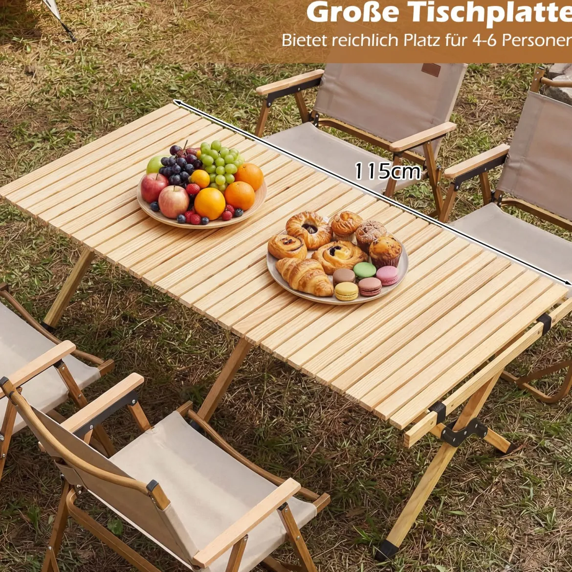 Campingtisch Klappbar Picknicktisch aus Holz mit Aufrollbarer Tischplatte Tragbarer Klapptisch Kaffee/Natur