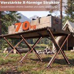 Campingtisch Klappbar Picknicktisch aus Holz mit Aufrollbarer Tischplatte Tragbarer Klapptisch Kaffee/Natur