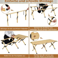 Campingtisch Klappbar Picknicktisch aus Holz mit Aufrollbarer Tischplatte Tragbarer Klapptisch Kaffee/Natur