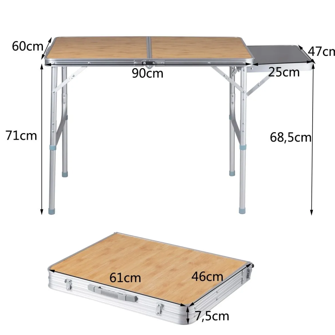 Campingtisch Klapptisch Gartentisch Koffertisch mit Seitenablage und Tragegriff 90 x 60cm