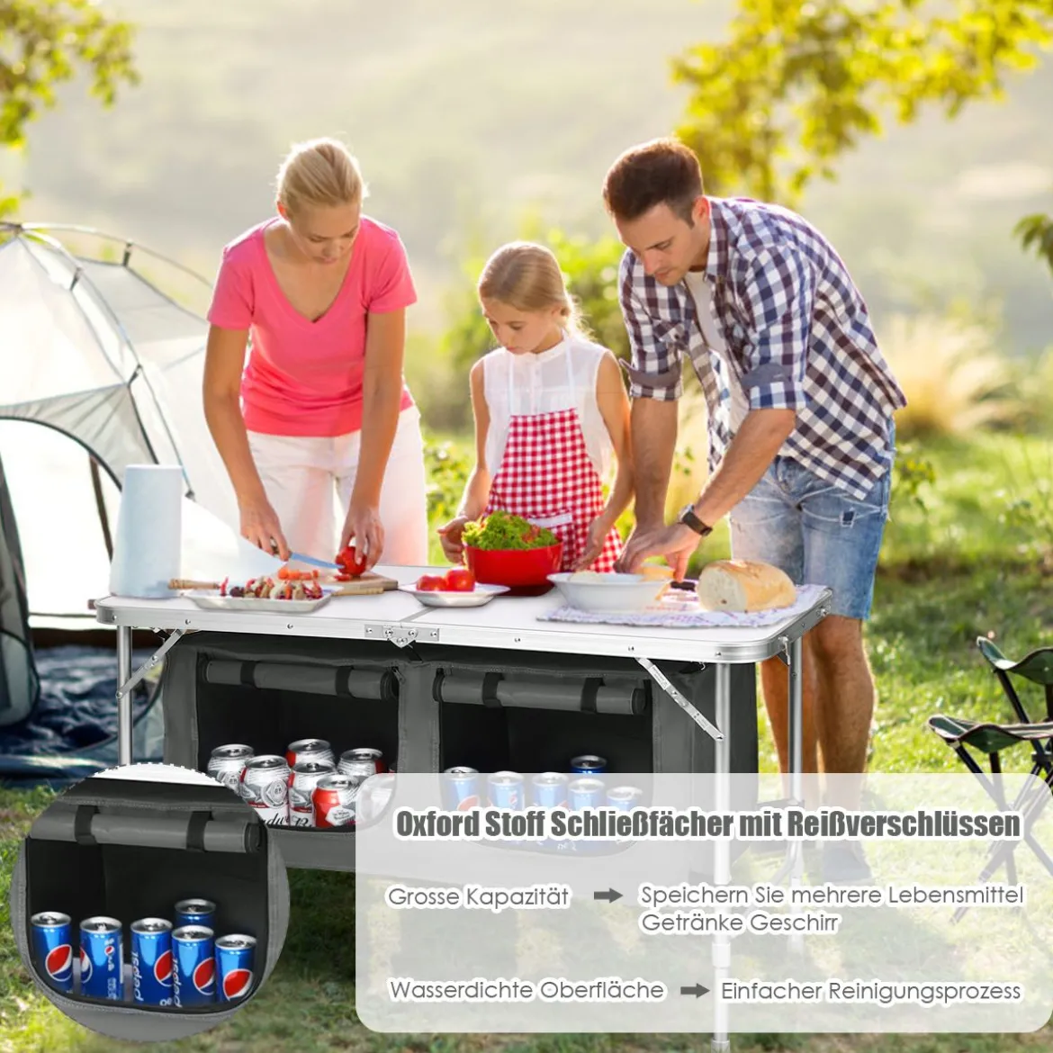 Campingtisch mit großem Stauraum Reiseküche Klapptisch aus Alu Gartentisch Picknicktisch Campingschrank Höhenverstellbar von 53-70cm Weiß+Grau
