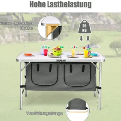 Campingtisch mit großem Stauraum Reiseküche Klapptisch aus Alu Gartentisch Picknicktisch Campingschrank Höhenverstellbar von 53-70cm Weiß+Grau