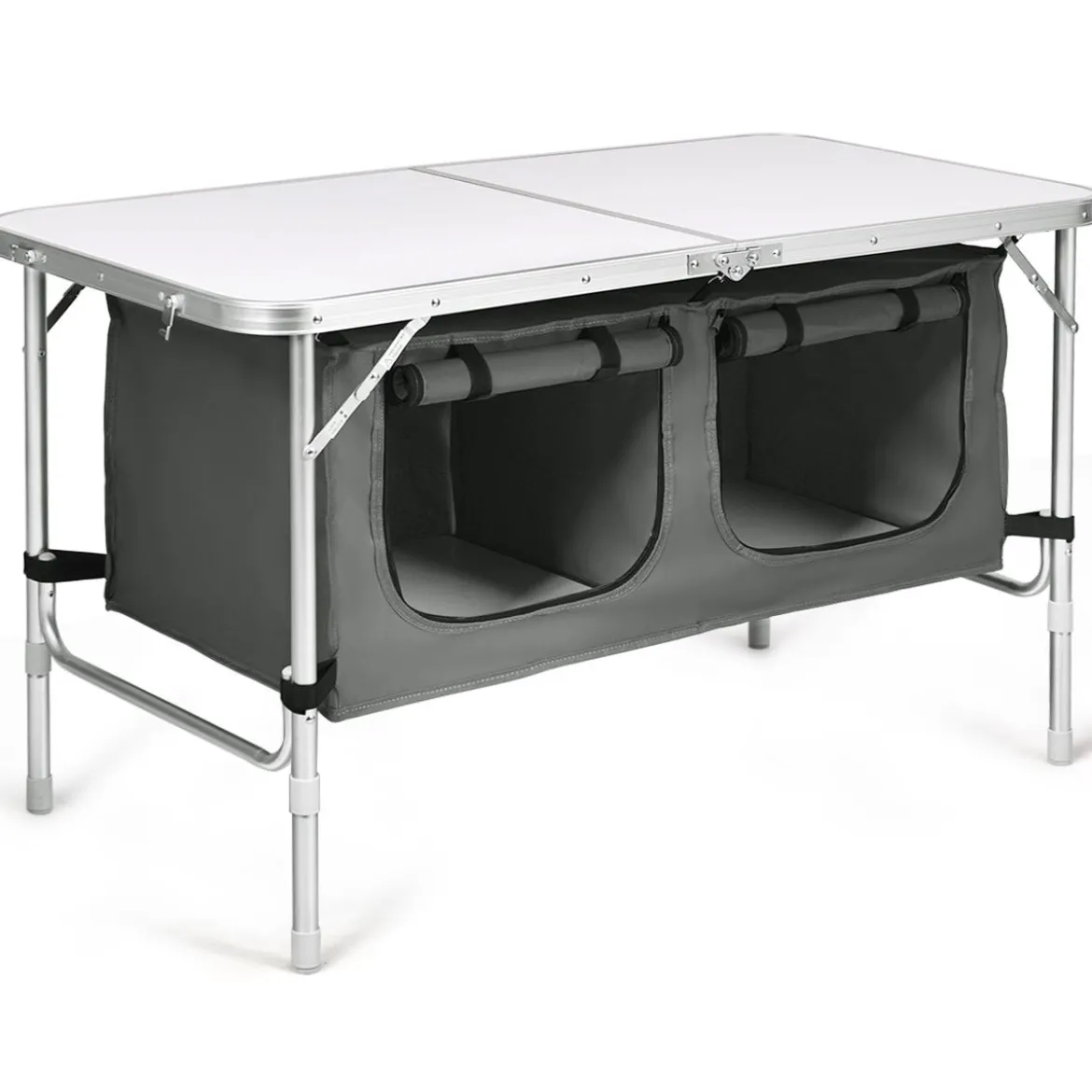Campingtisch mit großem Stauraum Reiseküche Klapptisch aus Alu Gartentisch Picknicktisch Campingschrank Höhenverstellbar von 53-70cm Weiß+Grau