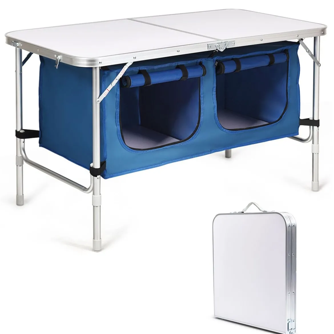 Campingtisch mit Großem Stauraum Reiseküche Alu Klapptisch Gartentisch Dunkelblau