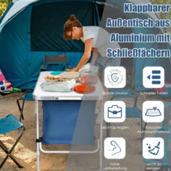Campingtisch mit Großem Stauraum Reiseküche Alu Klapptisch Gartentisch Dunkelblau