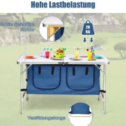 Campingtisch mit Großem Stauraum Reiseküche Alu Klapptisch Gartentisch Dunkelblau
