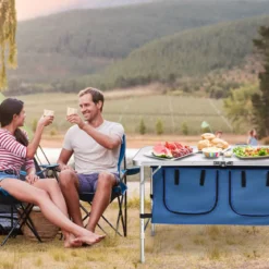 Campingtisch mit Großem Stauraum Reiseküche Alu Klapptisch Gartentisch Dunkelblau