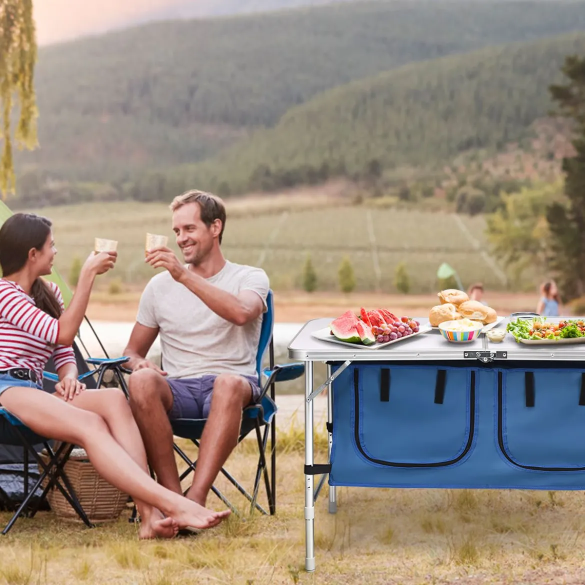 Campingtisch mit Großem Stauraum Reiseküche Alu Klapptisch Gartentisch Dunkelblau
