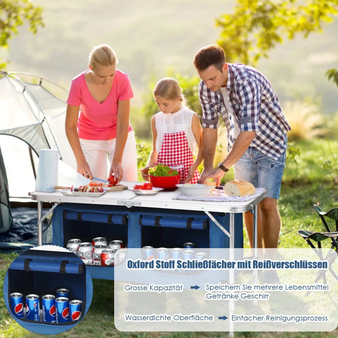 Campingtisch mit Großem Stauraum Reiseküche Alu Klapptisch Gartentisch Dunkelblau