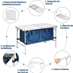 Campingtisch mit Großem Stauraum Reiseküche Alu Klapptisch Gartentisch Dunkelblau