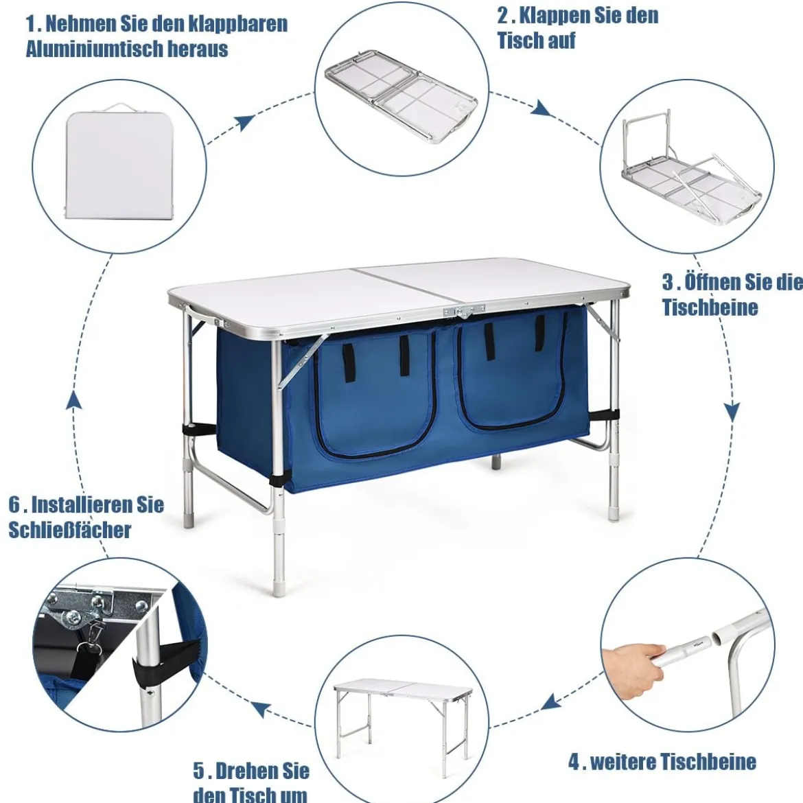 Campingtisch mit Großem Stauraum Reiseküche Alu Klapptisch Gartentisch Dunkelblau
