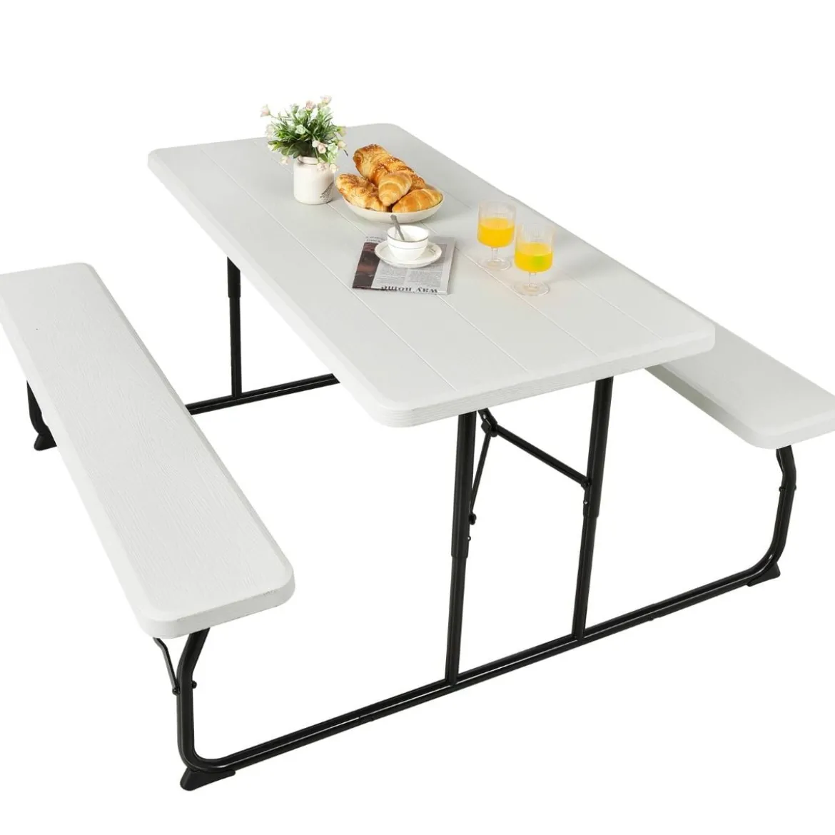 Campingtisch-Set Klappbarer Picknicktisch mit Bänken Weiß