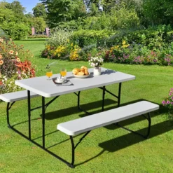 Campingtisch-Set Klappbarer Picknicktisch mit Bänken Weiß