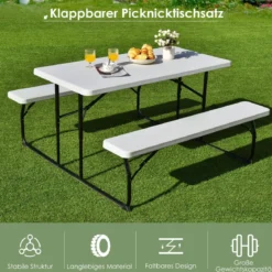 Campingtisch-Set Klappbarer Picknicktisch mit Bänken Weiß