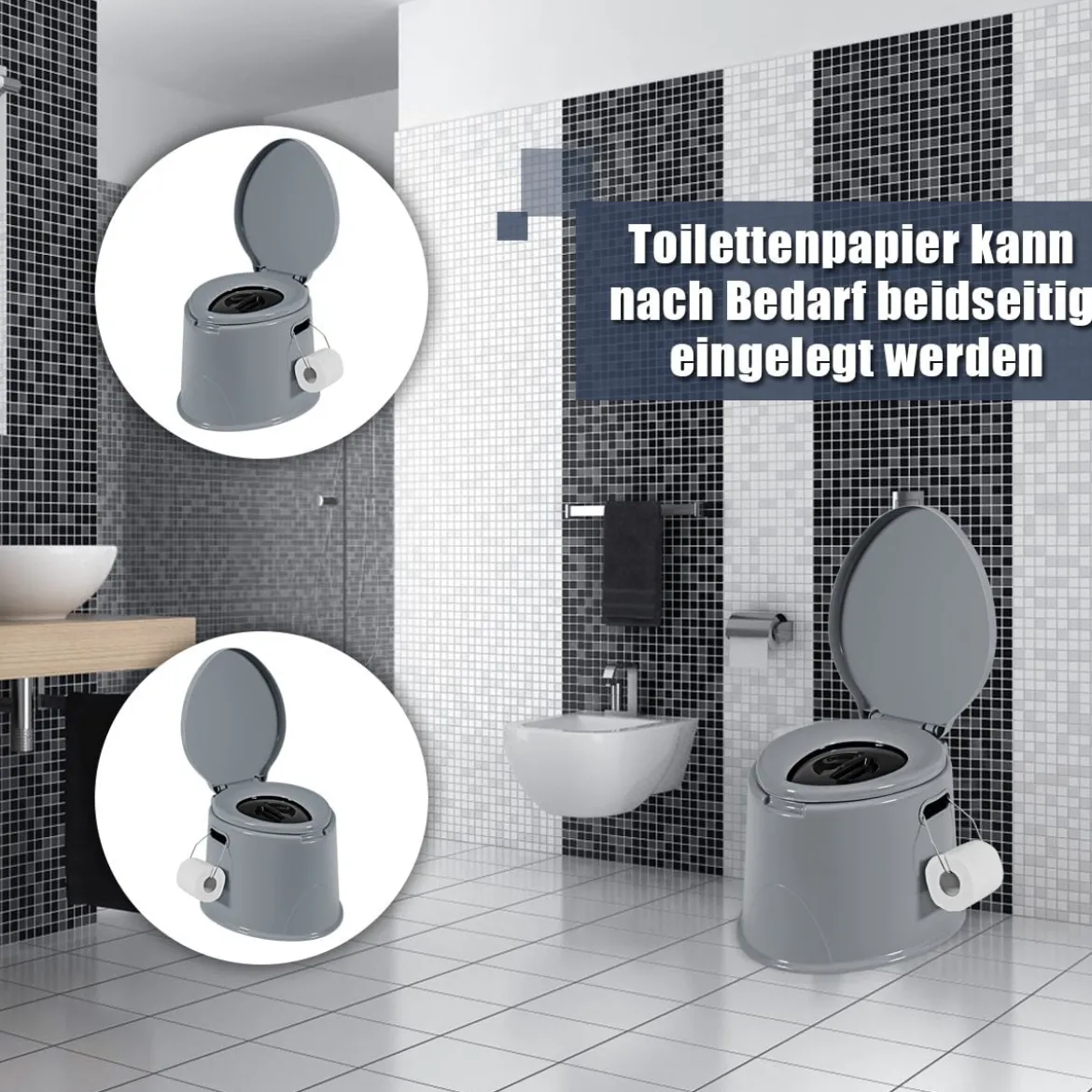 Campingtoilette tragbar Reisetoilette Mobile Toilette mit Abnehmbarem Eimereinsatz Grau