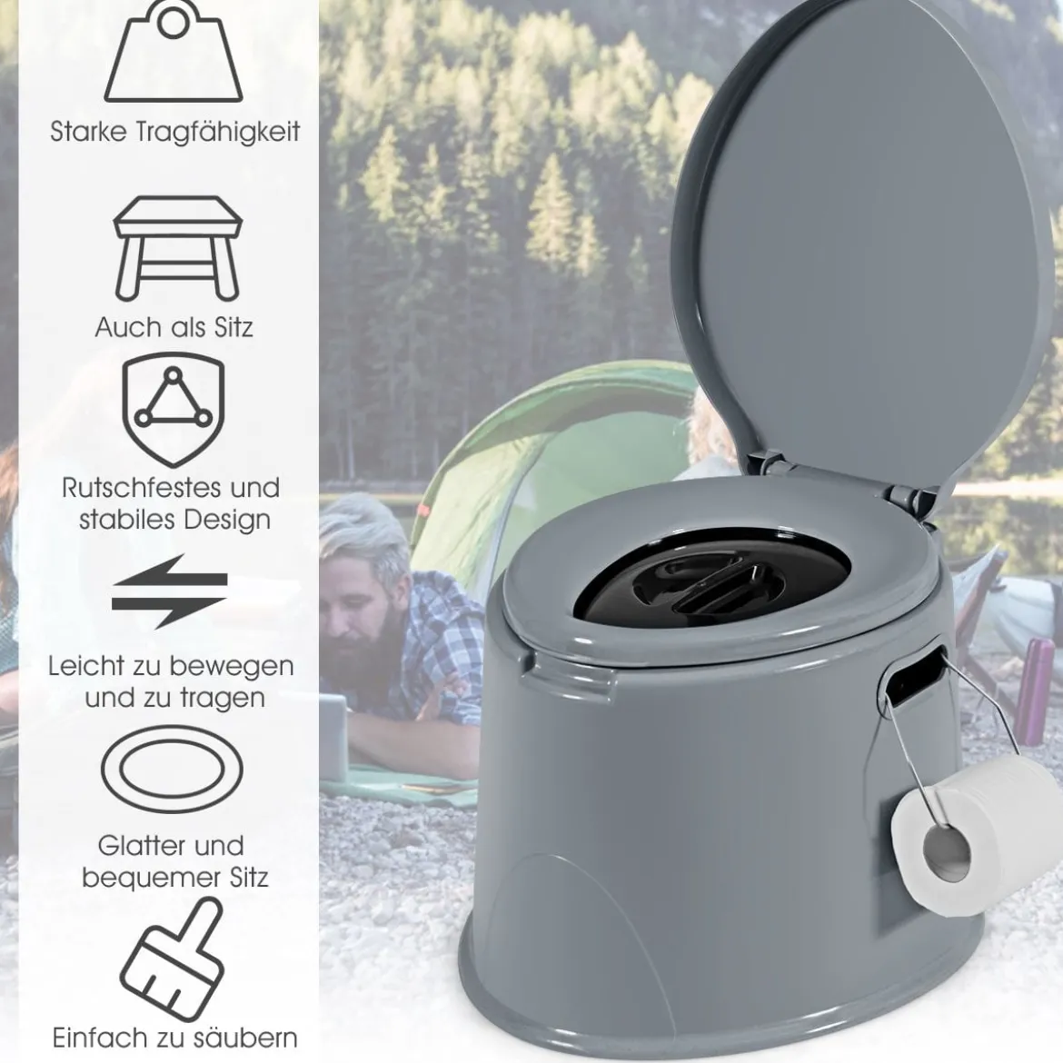 Campingtoilette tragbar Reisetoilette Mobile Toilette mit Abnehmbarem Eimereinsatz Grau
