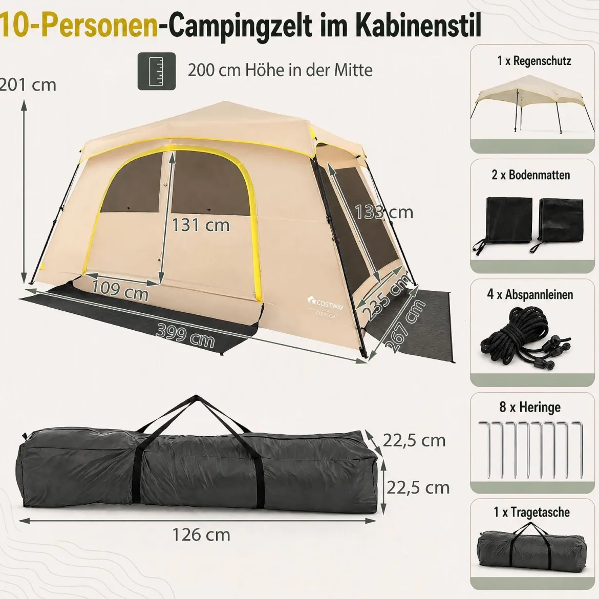 Campingzelt für 10 Personen Familienzelt mit Belüftung Regenschutz & Tragetasche 399 x 267 x 201 cm Khaki