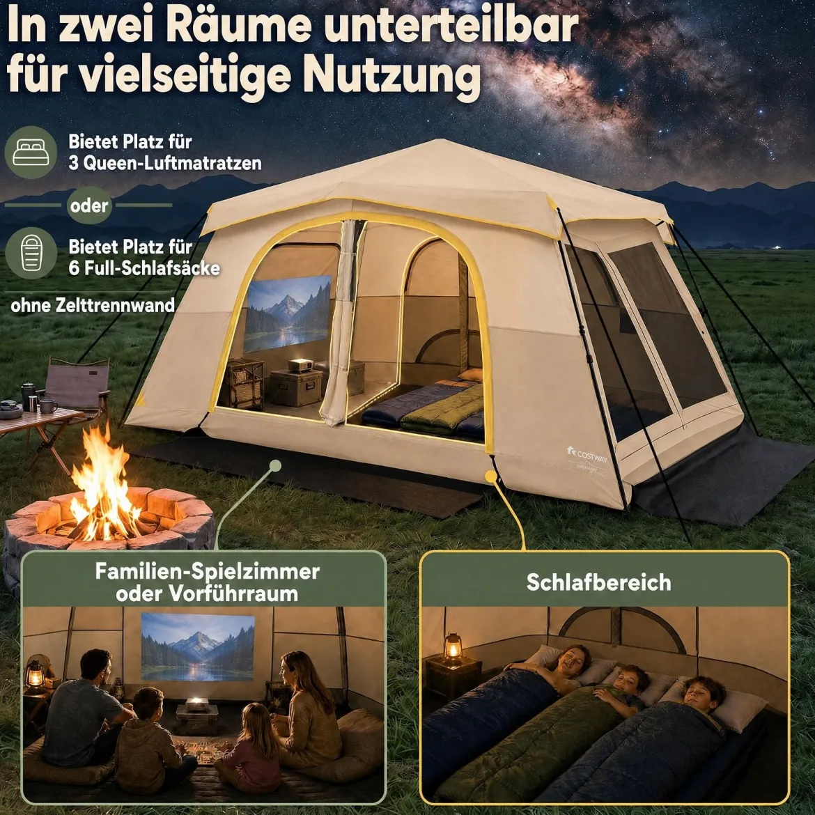 Campingzelt für 10 Personen Familienzelt mit Belüftung Regenschutz & Tragetasche 399 x 267 x 201 cm Khaki