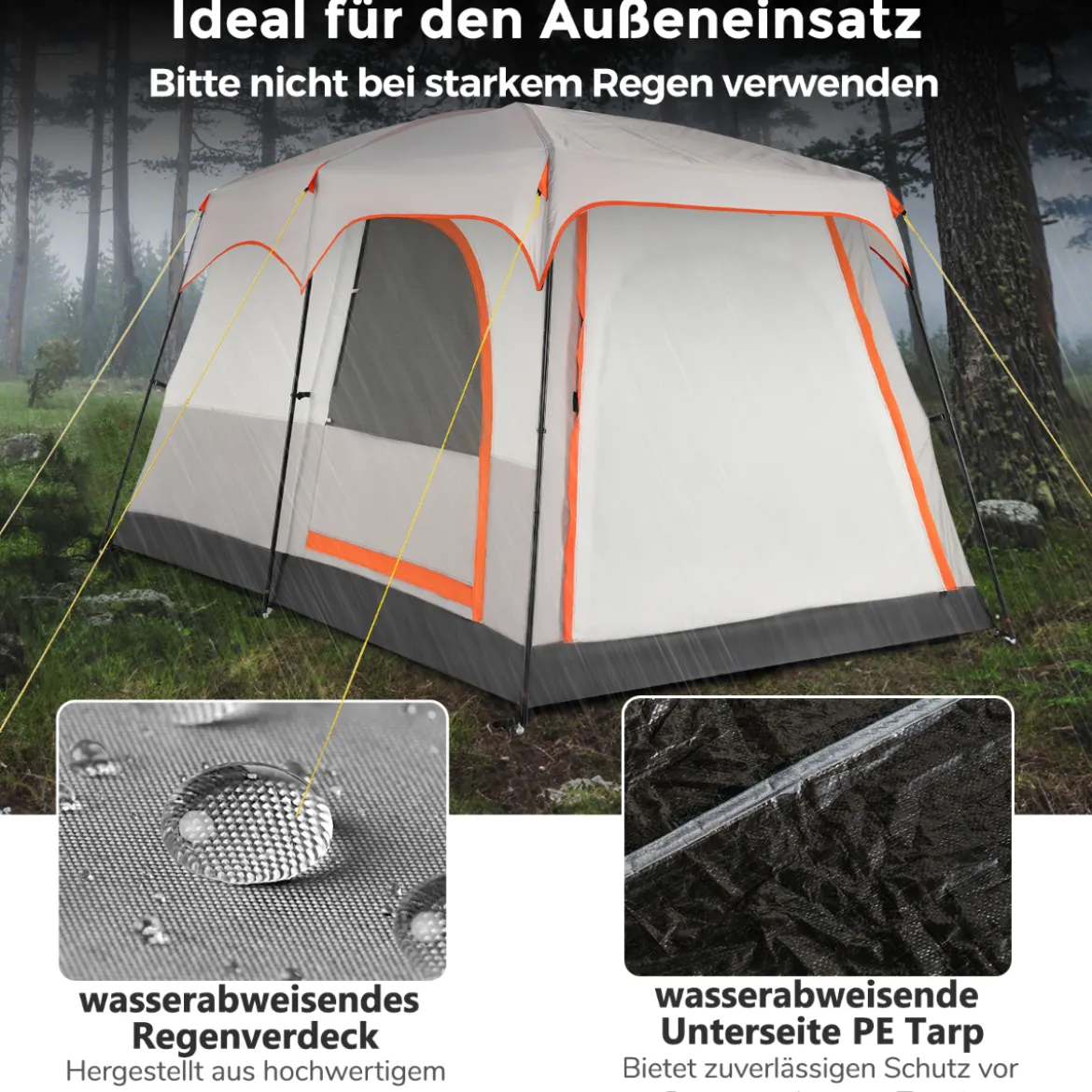 Campingzelt für 6 Personen mit 2-Raum-Trennwand & Regenschutz Hellgrau