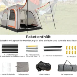Campingzelt für 6 Personen mit 2-Raum-Trennwand & Regenschutz Hellgrau