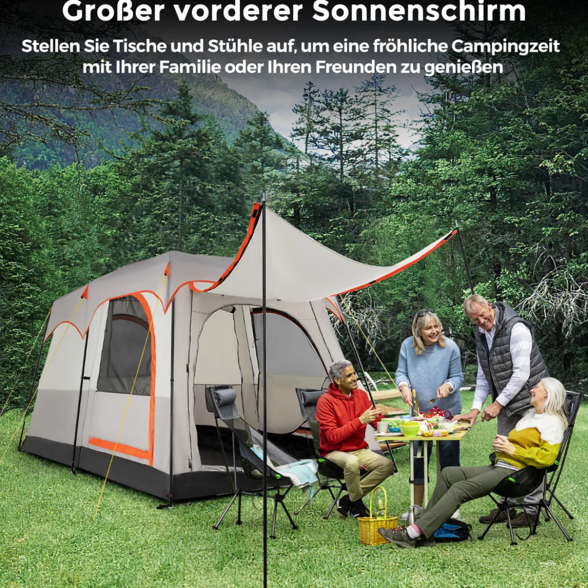 Campingzelt für 6 Personen mit 2-Raum-Trennwand & Regenschutz Hellgrau