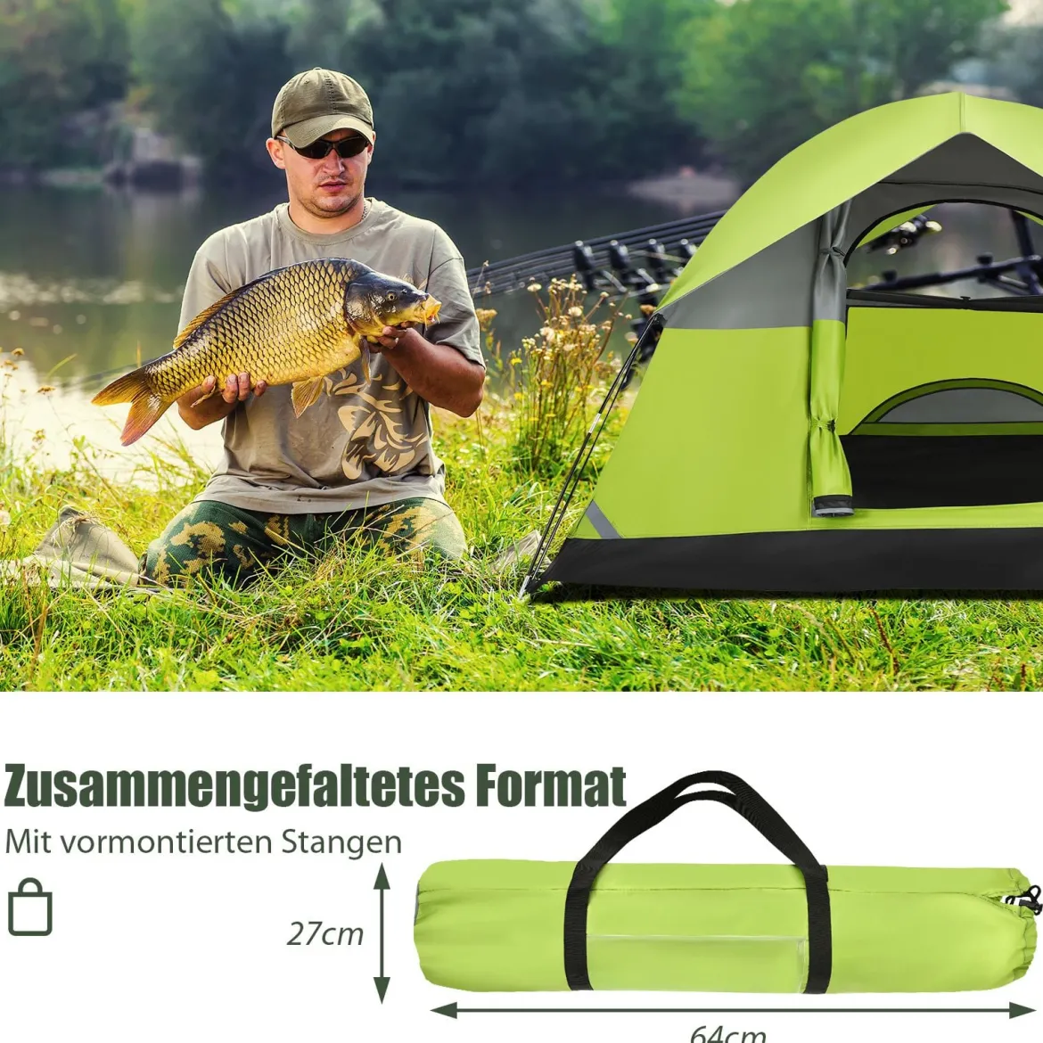 Campingzelt mit wasserabweisendem Oxford-Stoff Doppelschicht 212 x 152 x 122 cm Grün