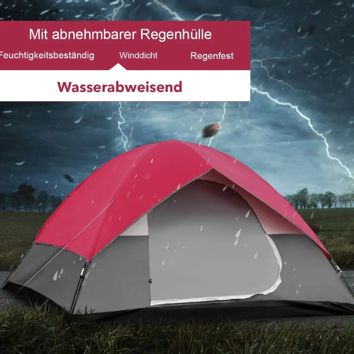 Campingzelt 5-6 Personen Kuppelzelt Wurfzelt Doppelschicht Winddichte 300x300x165cm Rot und Grau