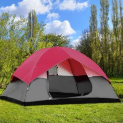 Campingzelt 5-6 Personen Kuppelzelt Wurfzelt Doppelschicht Winddichte 300x300x165cm Rot und Grau
