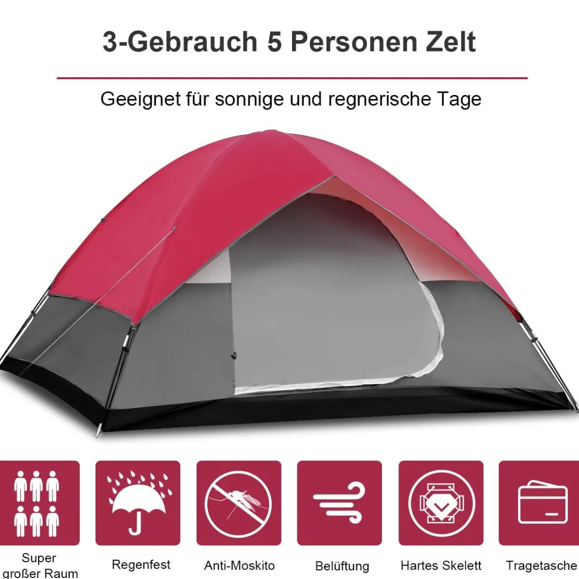 Campingzelt 5-6 Personen Kuppelzelt Wurfzelt Doppelschicht Winddichte 300x300x165cm Rot und Grau