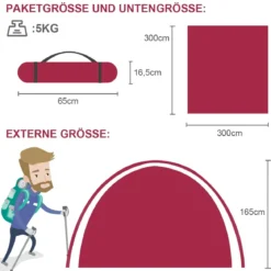 Campingzelt 5-6 Personen Kuppelzelt Wurfzelt Doppelschicht Winddichte 300x300x165cm Rot und Grau