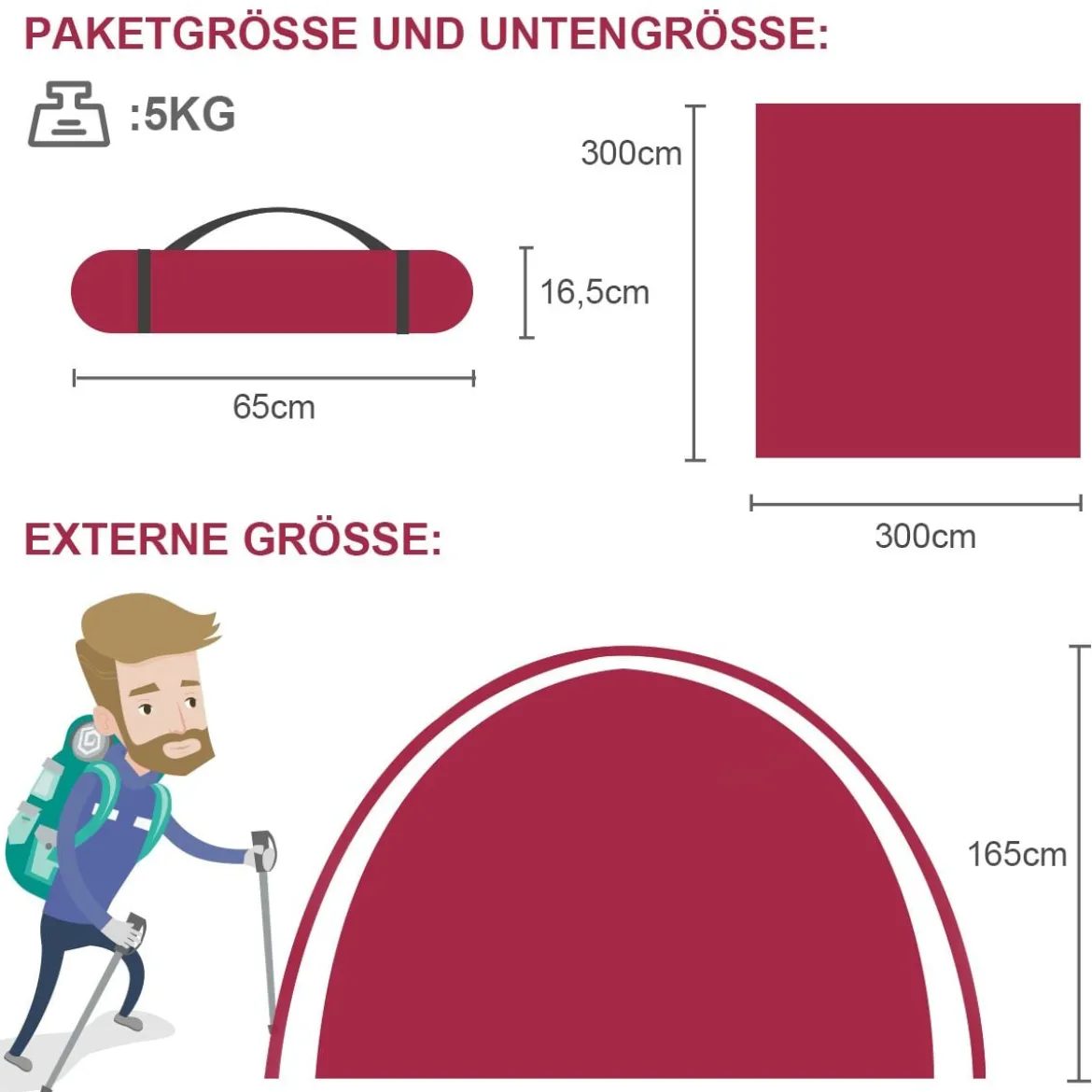 Campingzelt 5-6 Personen Kuppelzelt Wurfzelt Doppelschicht Winddichte 300x300x165cm Rot und Grau