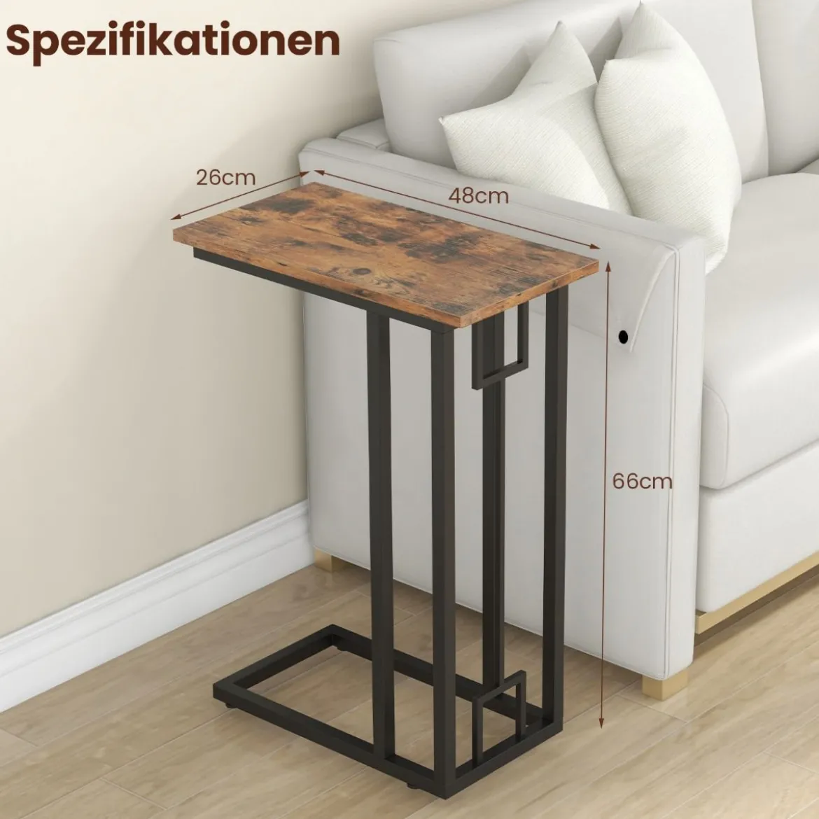 C-förmiger Beistelltisch kompakter Sofatisch für kleine Räume Kaffeetisch mit Metallrahmen 48 x 26 x 66 cm