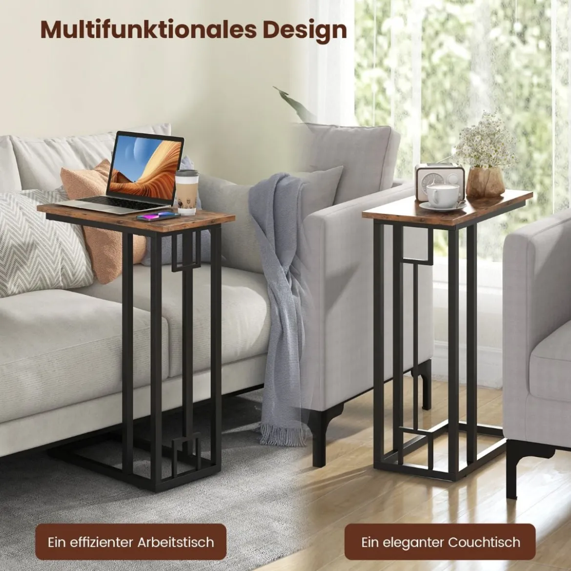 C-förmiger Beistelltisch kompakter Sofatisch für kleine Räume Kaffeetisch mit Metallrahmen 48 x 26 x 66 cm