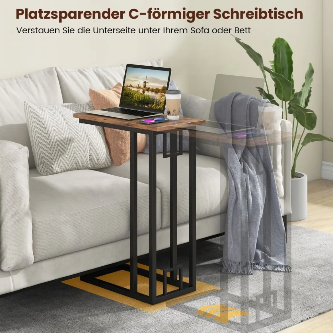 C-förmiger Beistelltisch kompakter Sofatisch für kleine Räume Kaffeetisch mit Metallrahmen 48 x 26 x 66 cm