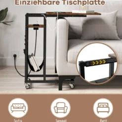 C-förmiger Beistelltisch mit Ladestation & Ausziehbarer Tischplatte & Seitentasche Sofatisch