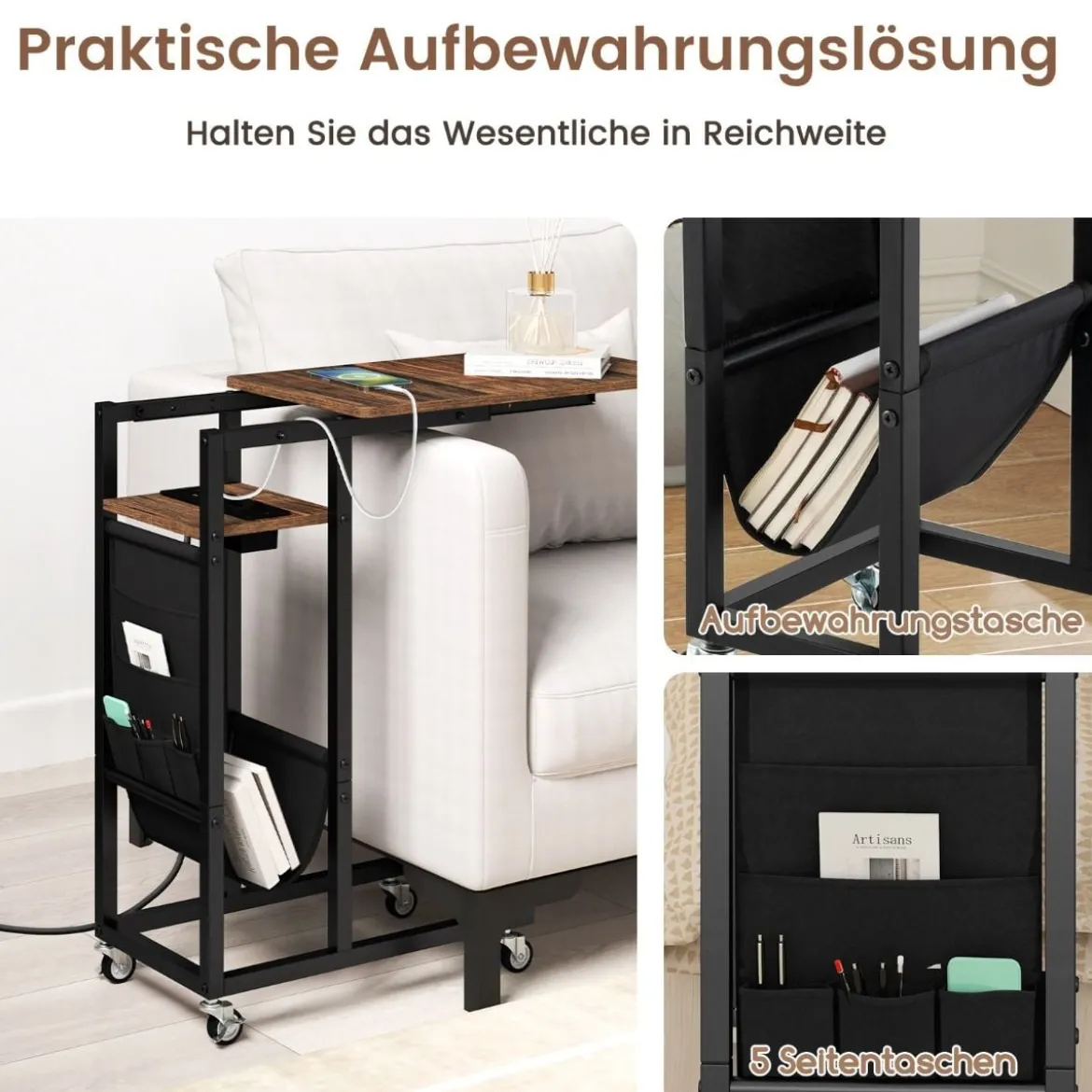 C-förmiger Beistelltisch mit Ladestation & Ausziehbarer Tischplatte & Seitentasche Sofatisch