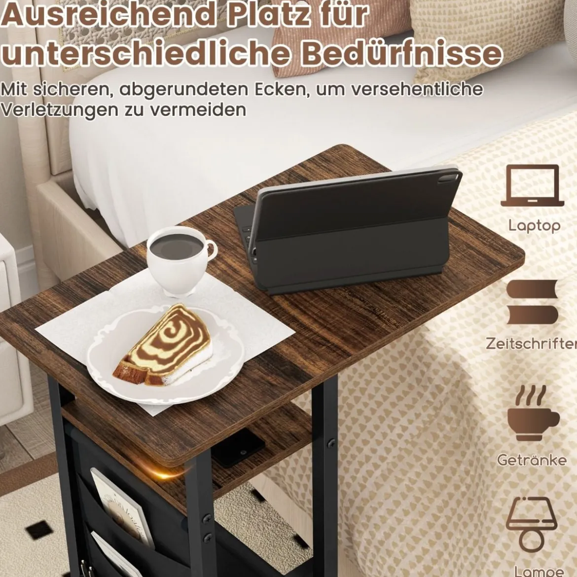 C-förmiger Beistelltisch mit Ladestation & Ausziehbarer Tischplatte & Seitentasche Sofatisch