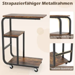 C-förmiger Beistelltisch mit Offenen Ablagen & Feststellbaren Rollen Platzsparender